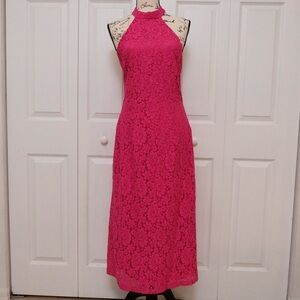 NWOT Zara Pink Fuchsia long midi lace halter dress size L Bloggers Favorite